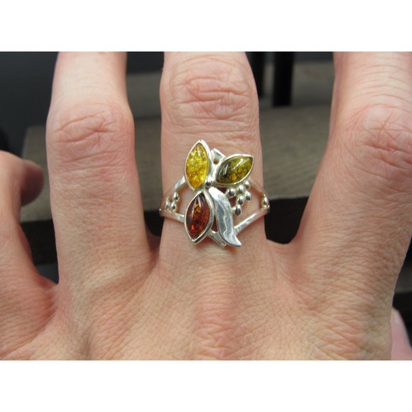 Size 9 Sterling Silver Triple Amber Floral Design Band Ring Vintage Statement - Picture 4 of 8